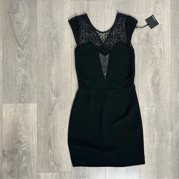 The Kooples Robe Lace & Leather Mini Dress Crepe Cap sleeve Black Size XS - Picture 5 of 16